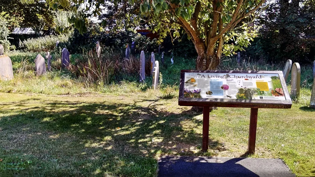 Yorkshire Wildlife Trust: A Living Churchyard custom interpretation frame design, St John the Baptist Church, Wilberfoss North Yorkshire