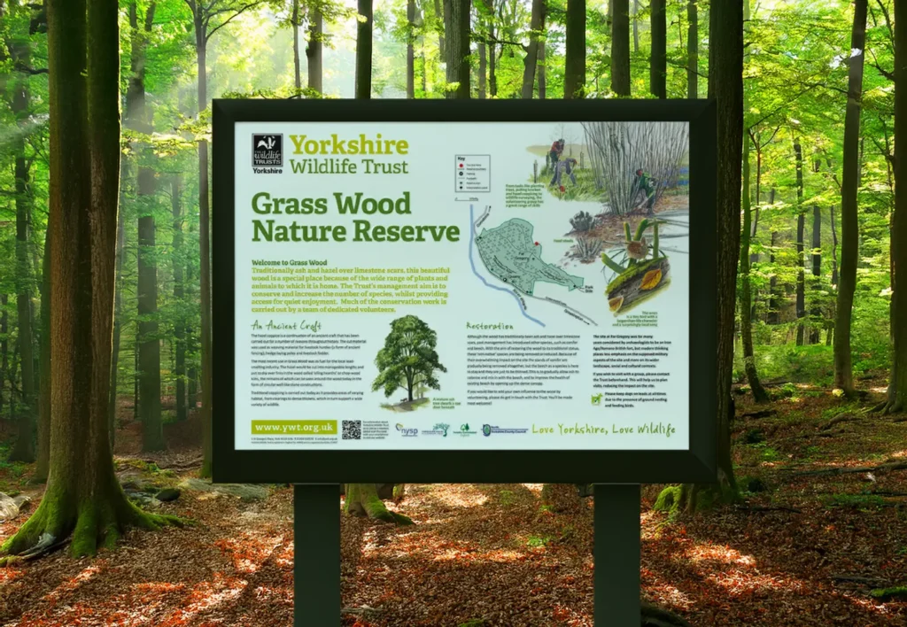 Grass wood nature reserve wildlife interpretation panel, Yorkshire Wildlife Trust, Grassington Skipton