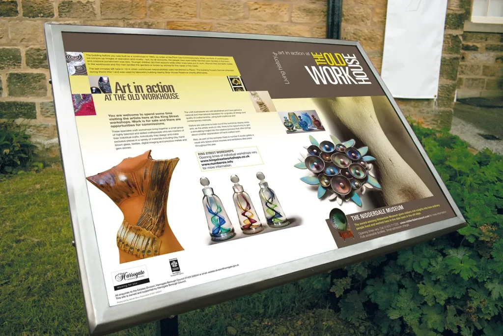 The Old Workhouse Art in Action interpretation Panel, Brushed steel plinth, Pateley Bridge Nidderdale