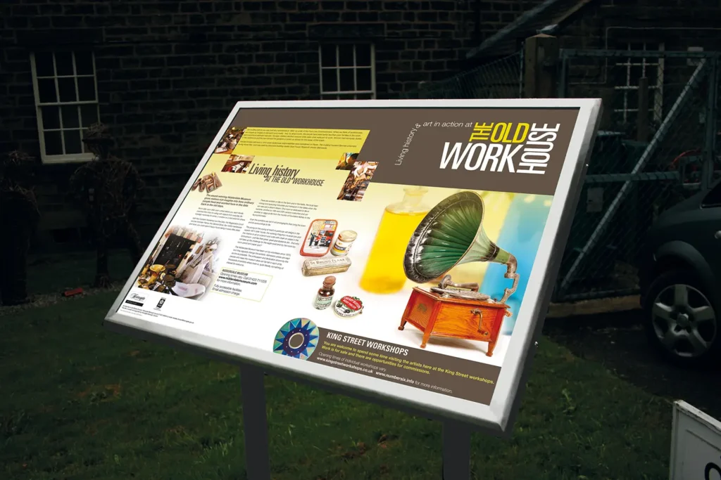 The Old Workhouse Living History interpretation Panel, Brushed steel plinth, Pateley Bridge Nidderdale