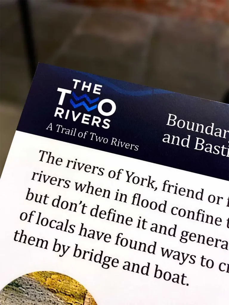 Close up of a printed Two Rivers Interpretation panel design, Merchant Adventurers' Hall, York