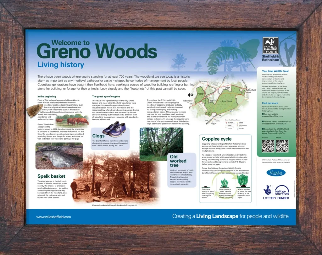 Greno Woods Living History Interpretation panel, Sheffield Wildlife Trust, South Yorkshire