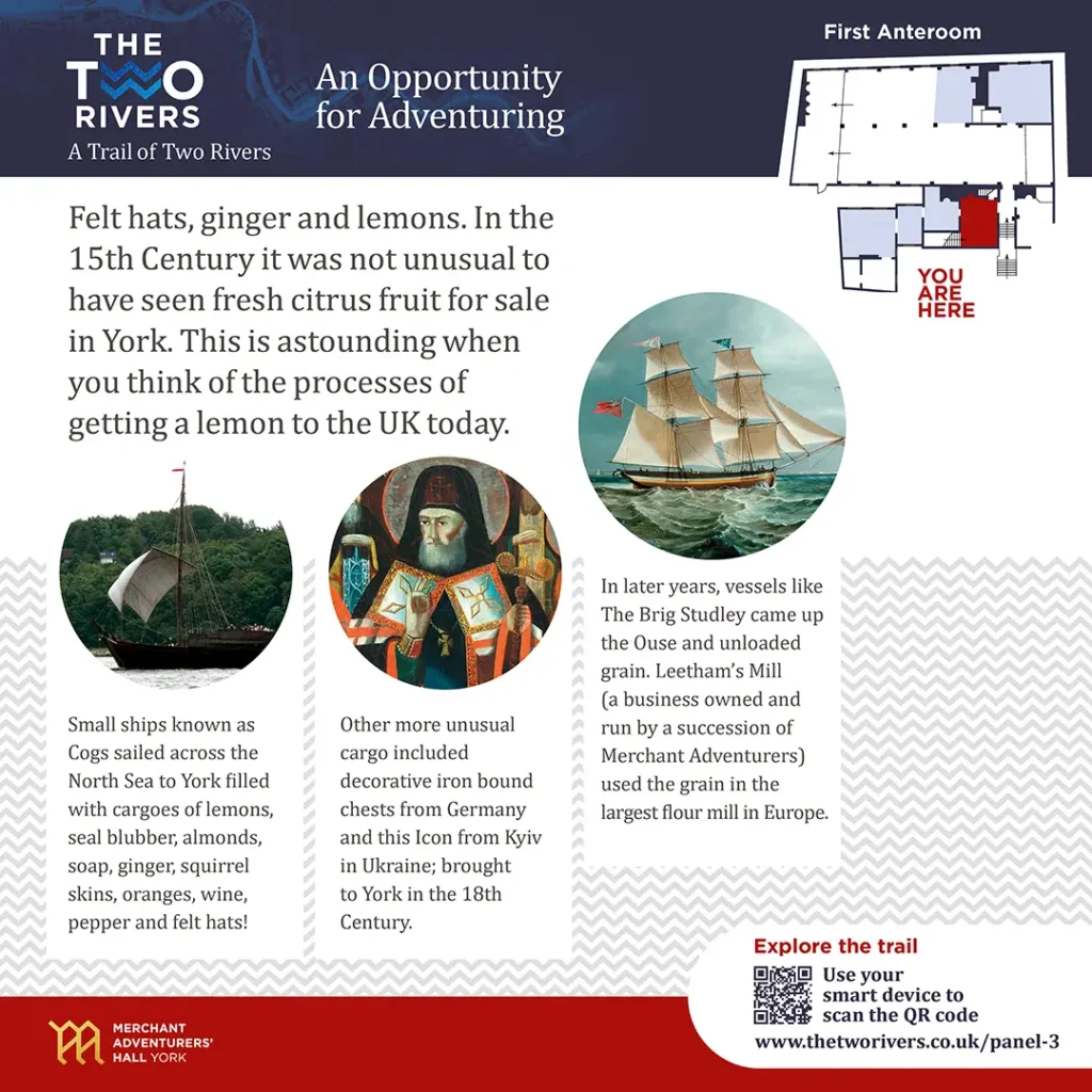 The Two Rivers Interpretation Panel design: An Opportunity for Adventuring, The Merchant Adventurers' Hall, York