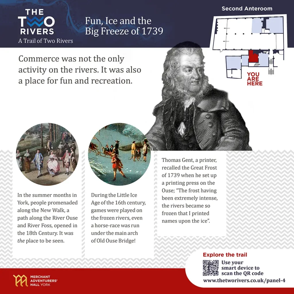 The Two Rivers Interpretation Panel design: Fun, Ice, and the Big Freeze of 1739, The Merchant Adventurers' Hall, York