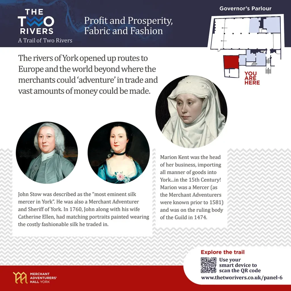 The Two Rivers Interpretation Panel design: Profit and Prosperity; Fabric and Fashion, The Merchant Adventurers' Hall, York