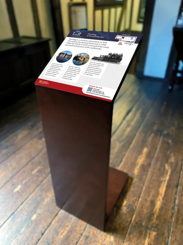 A Two Rivers wooden lectern style interpretation display in situ in The Merchant Adventurers' Hall, York North Yorkshire